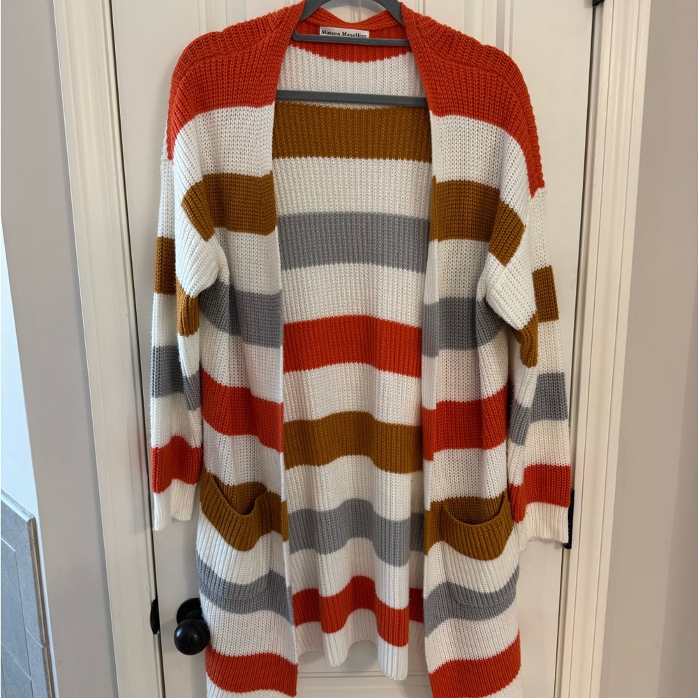 Open-Front Striped Cardigan Sweater in White, Rust & Mustard